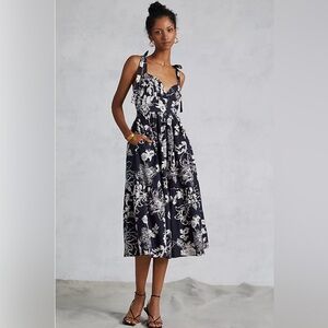 Tie-Shoulder Spring or Summer Navy Floral Midi Dress, pockets- Anthropologie NWT